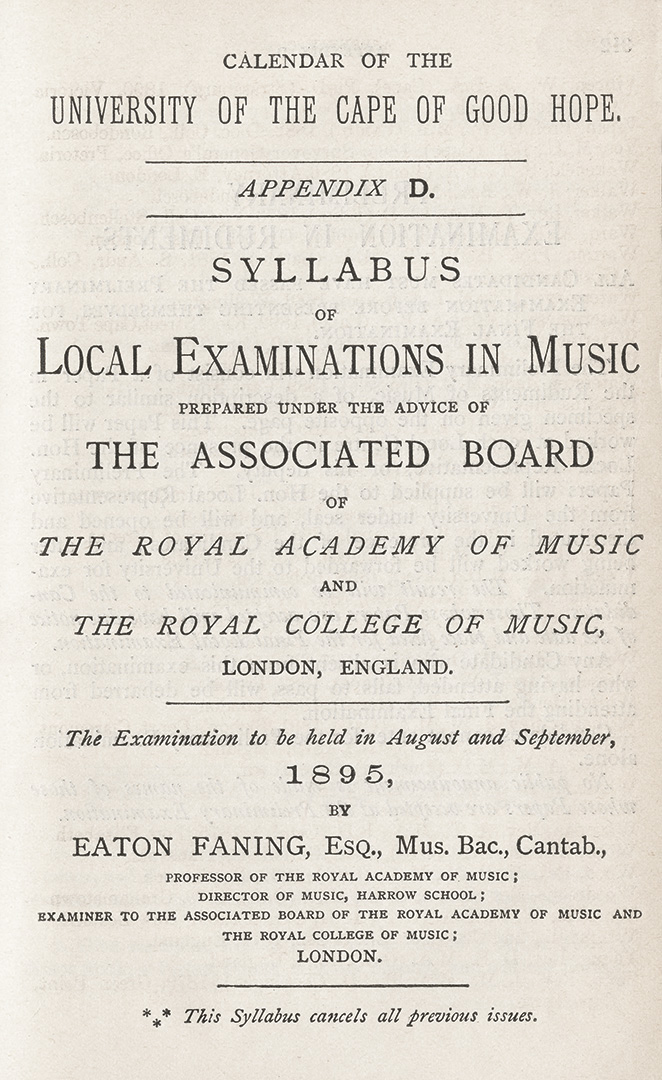 <p>The University conducts its first practical music examinations under the supervision of a visiting examiner from the Associated Board of the Royal Schools of Music in London.</p>